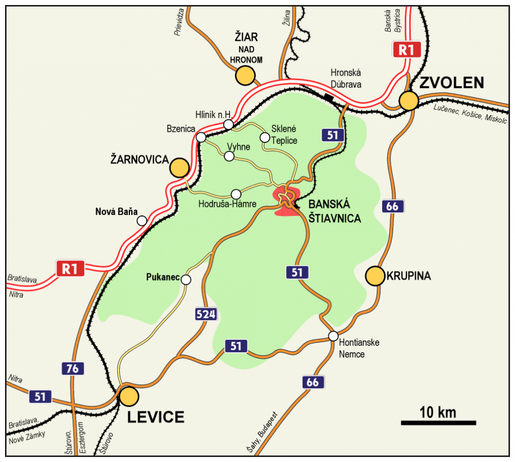 schematické zobrazenie prístupových ciest do Banskej Štiavnice